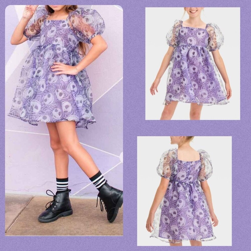 Girl's Jack Skellington Short Puff Sleeves Purple dress size L (10/12)